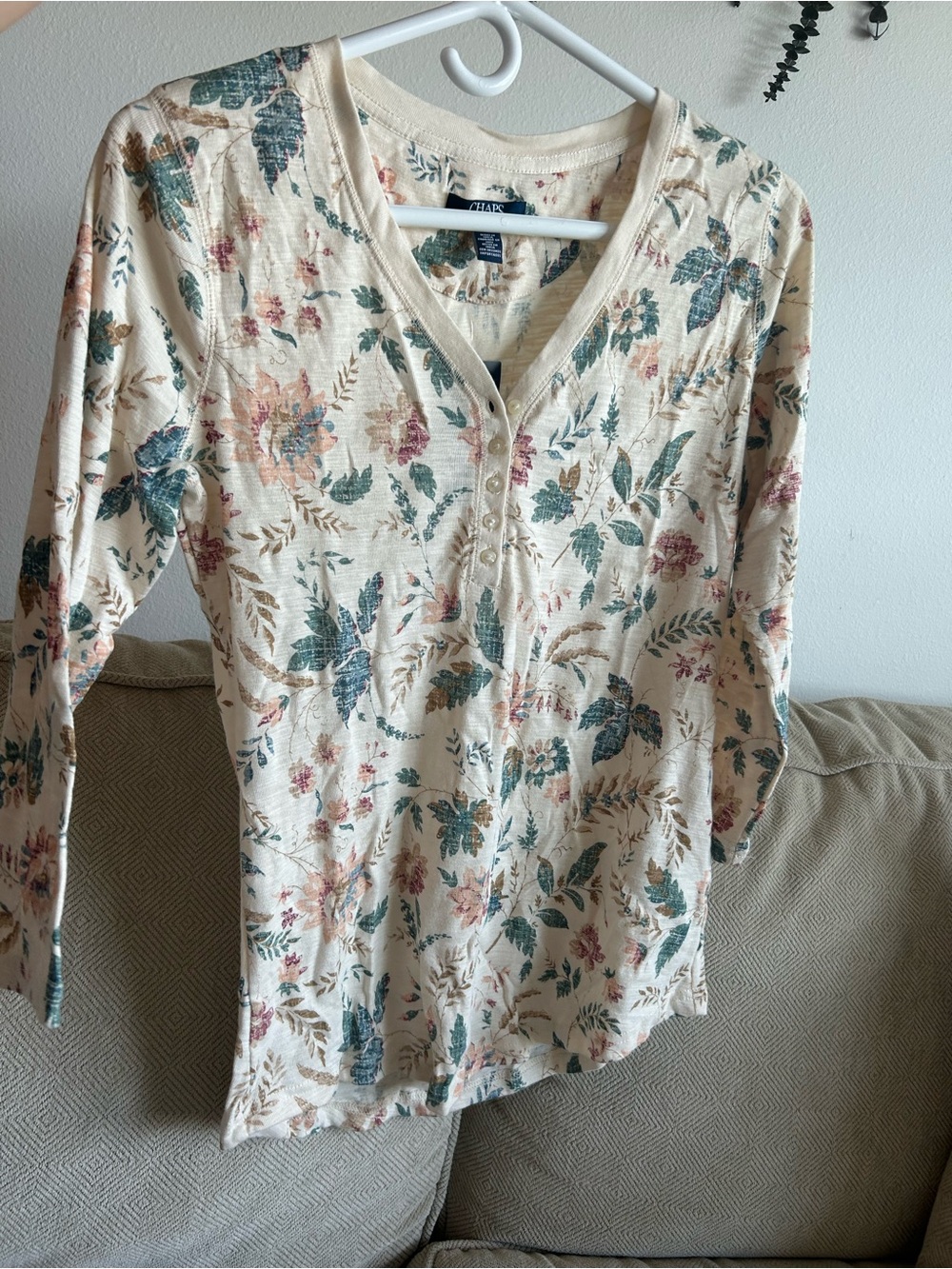 Chaps Cream Floral V-Neck Long Sleeve Top with Green & Pink Accents